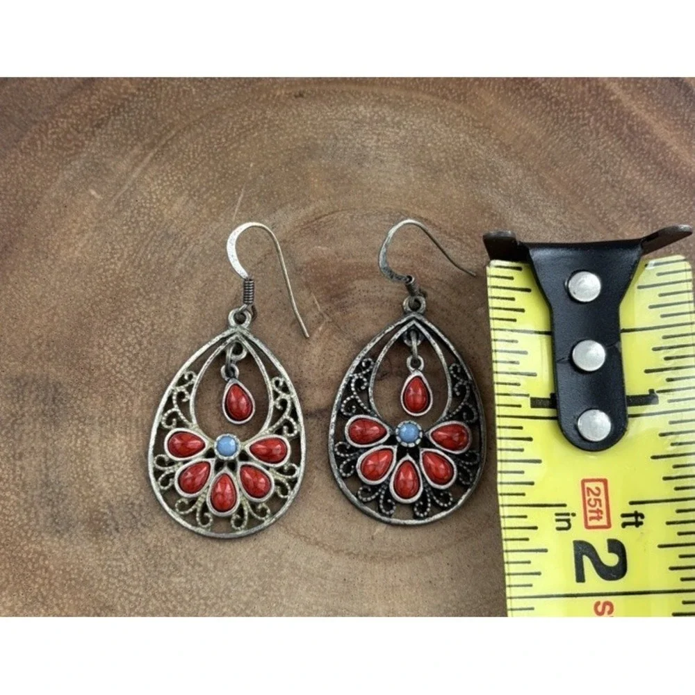 Faux Blue Turquoise & Coral Silver Southwestern Filigree Teardrop Earrings Boho